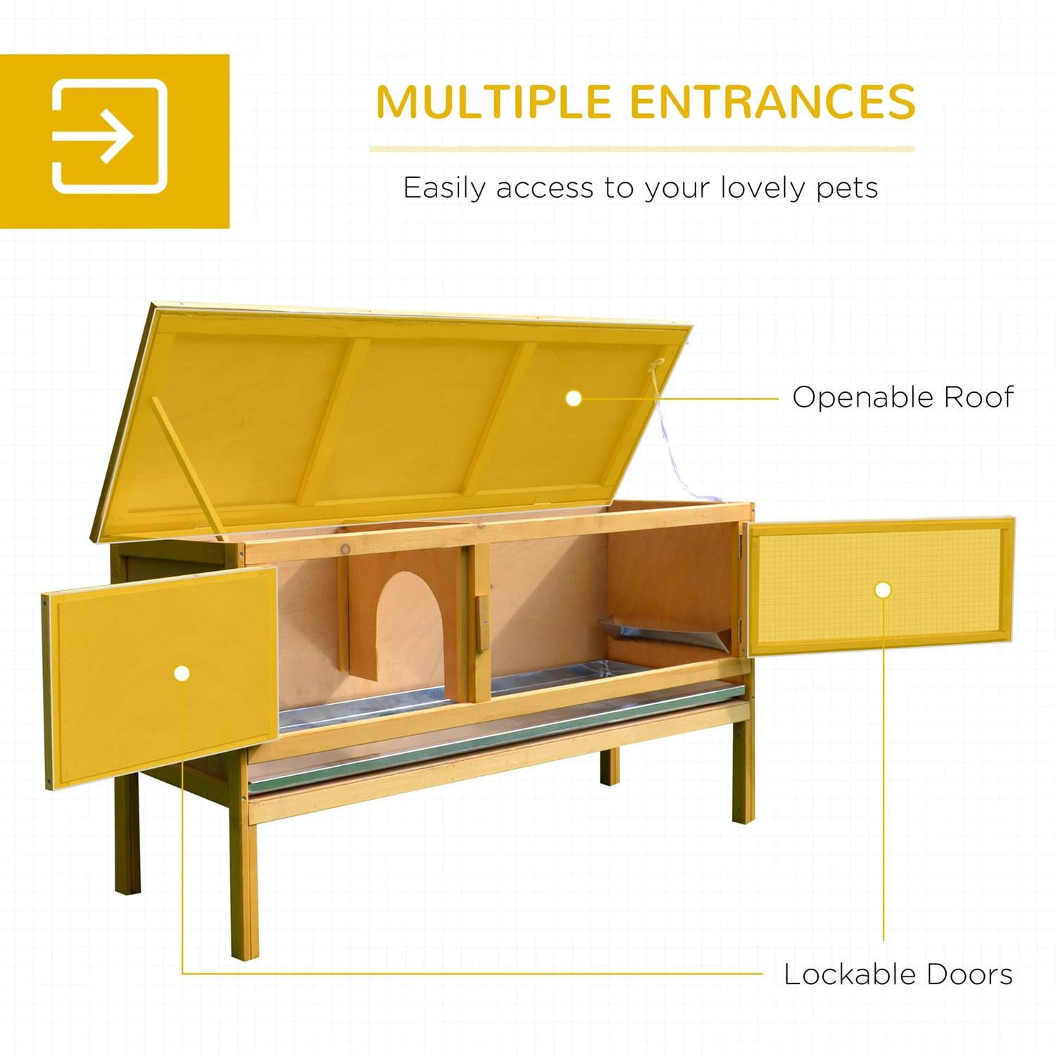 Pefilos 45" Wooden Rabbit Hutch Indoor with Openable Waterproof Roof, No Leak Tray, Outdoor Bunny Enclosure Guinea Pig Cage for Small Animals, Yellow