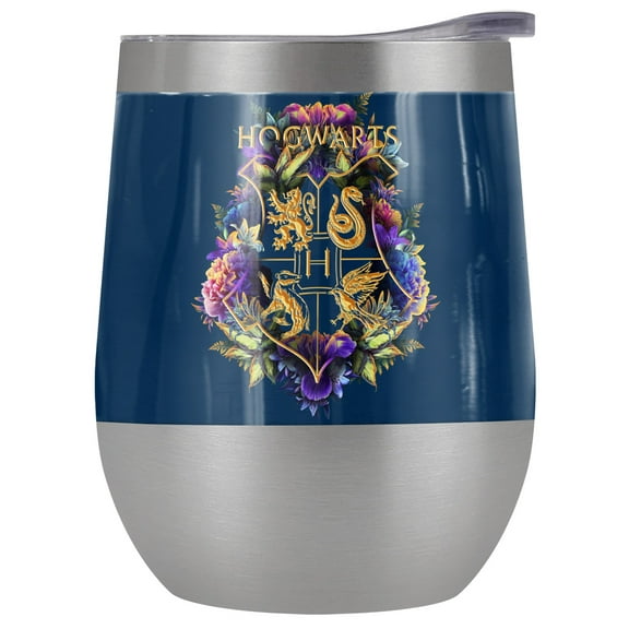 Harry Potter Official Hogwarts Multi-Colored Floral Crest 12 oz Stemless Tumbler, Stainless Steel Travel Cup|Lake Tumbler|Insulated with Leak Resistant Slide-Lock Lid, Stainless Steel