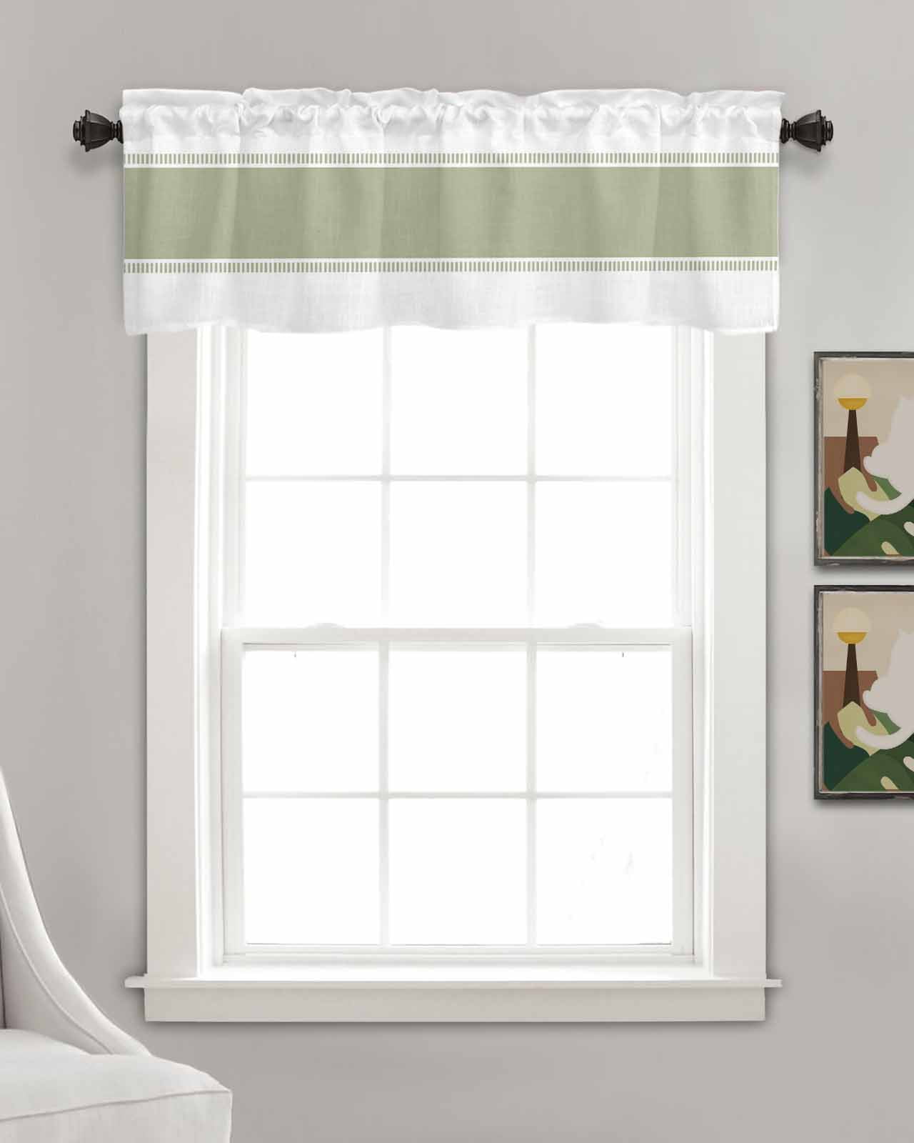 Faux Linen Valances for Windows Sage Green Stripe Curtains Valance Light Filtering Rod Pocket Small Window Treatment for Kitchen Living Room Bedroom 42x18In