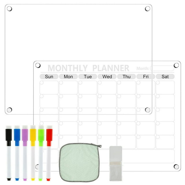 2 Pcs Calendrier Magnétique en Acrylique Transparent Tableau de Planification Vierge Effaçable à Sec Réutilisable Planificateur Mensuel/hebdomadaire avec 6 Marqueurs Porte-Stylo Serviette pour Bureau Maison 16x12 Po