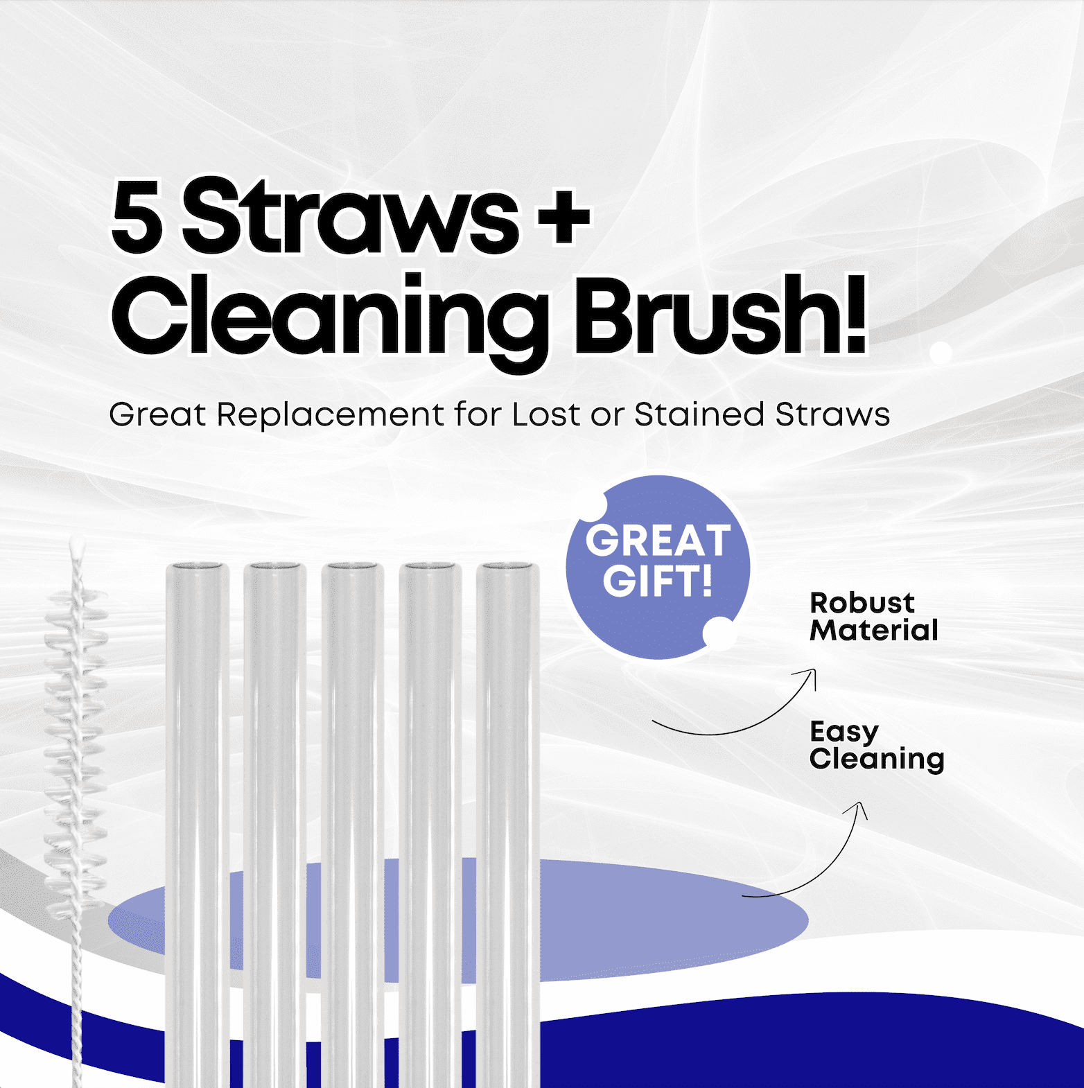 4th Utensil 13in Tumbler Straws with Cleaning Brush,5-Pack, Clear