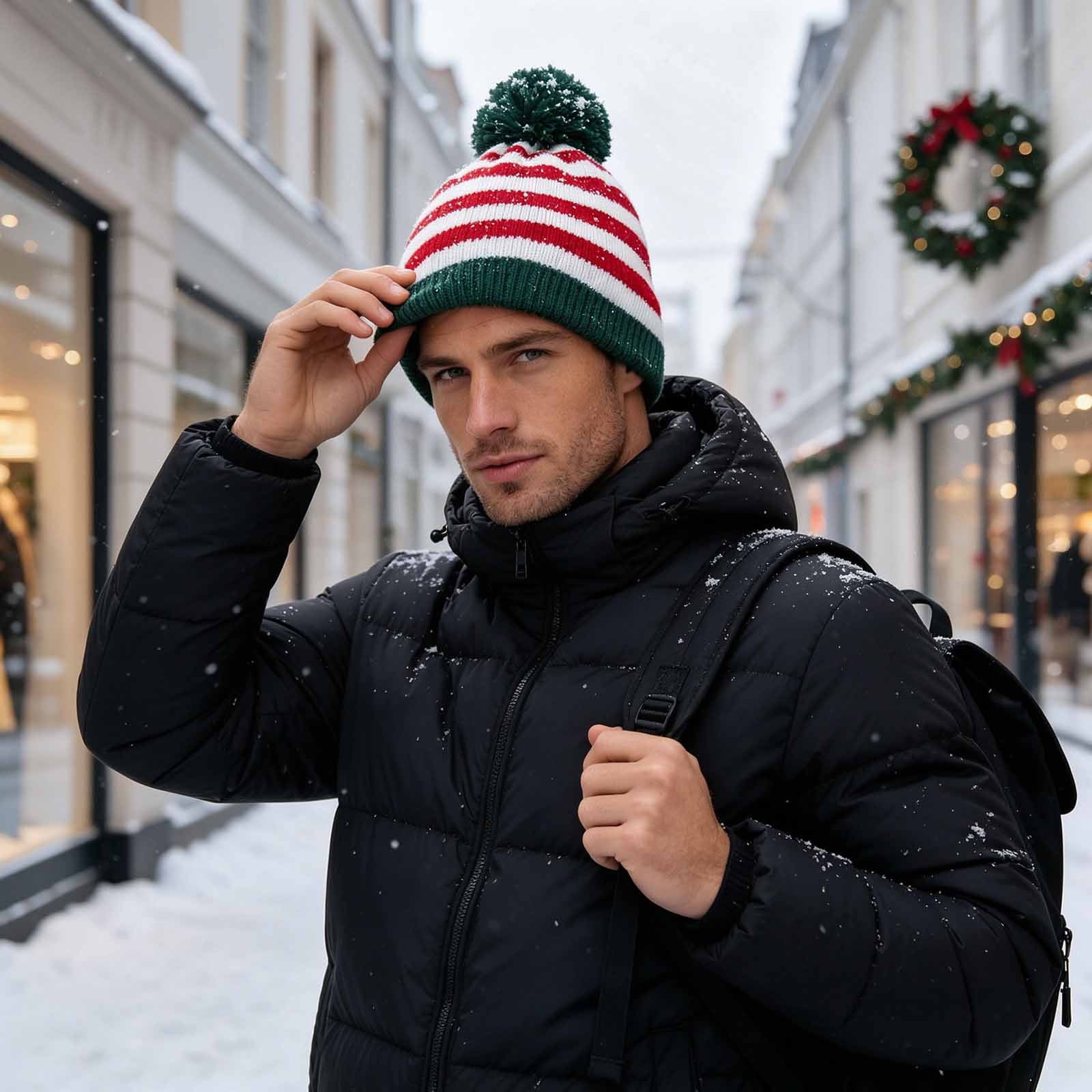 Ceisia Men Christmas Holiday Striped Pom Pom Knitted Beanie Cap Warm Soft Acrylic Winter Hat For Outdoor Holiday Party And Daily Cold Weather Wearing Red Gift