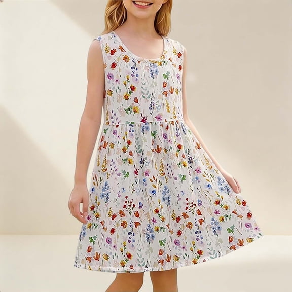 Rvasteizo Girls Classic Dress Vacation Style Floral A Line Leisure Dress