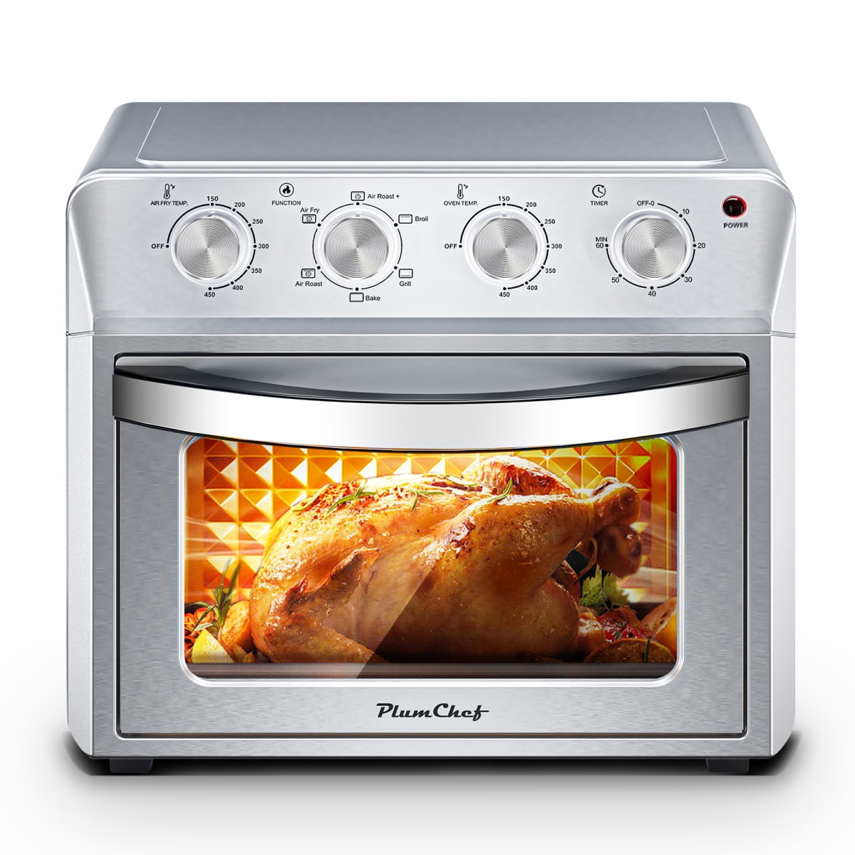 TENGDA 275QT 6 In 1 Air Fryer Oven Silver Stainless Steel Countertop Convection Oven 1600W 4 Knob Control Multi Function Air Fry Bake Broil Toast Warm Dehydrate Family Size Appliance