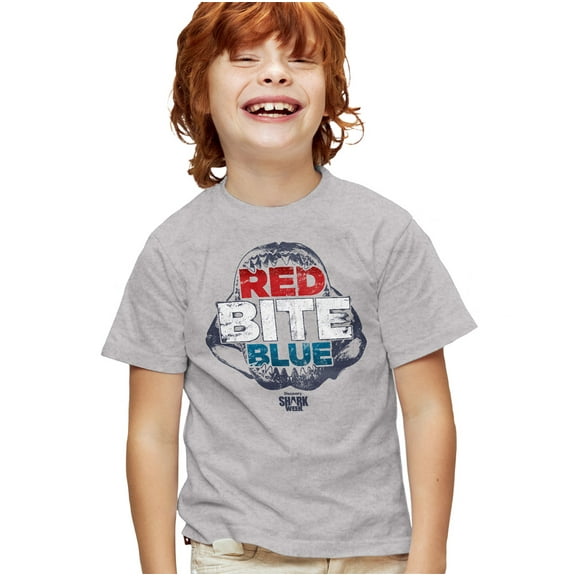Shark Week Officially Licensed Red Bite and Blue Kids T Shirt for Youth Boys and Girls, Athletic Heather, Small