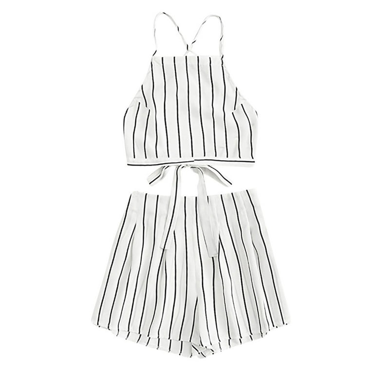 Finelylove Shorts Sets Women 2 Piece Outfits Spanx Shorts Shorts Mid Waist  Rise Striped White XL 