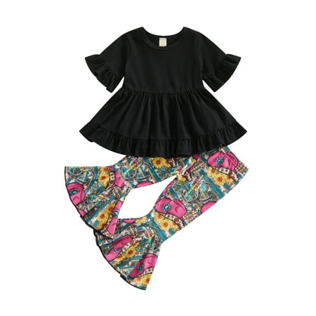 

Bagilaanoe 2pcs Toddler Baby Girl Long Pants Set Short Sleeve A Line Dress Tops + Flare Trousers 9M 12M 2T 3T 4T 5T Kids Casual Outfits