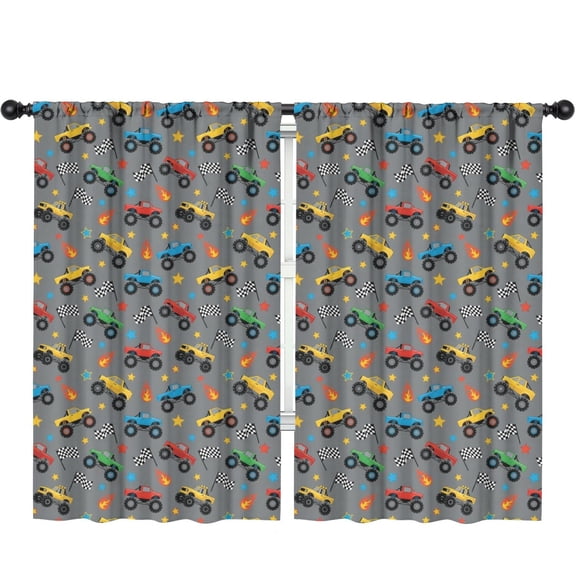 Blackout Kids Curtains,Monster Cartoon Truck Gray Pattern Children's Insulated Curtains Set Of 2,Bedroom Essentials,Toddler Room Decor 52"x84"