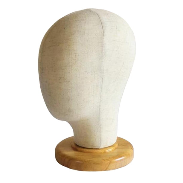 Cabezal de peluca de bloque de corcho cubierto de lona beige para exhibir pelucas de peinados, con 02