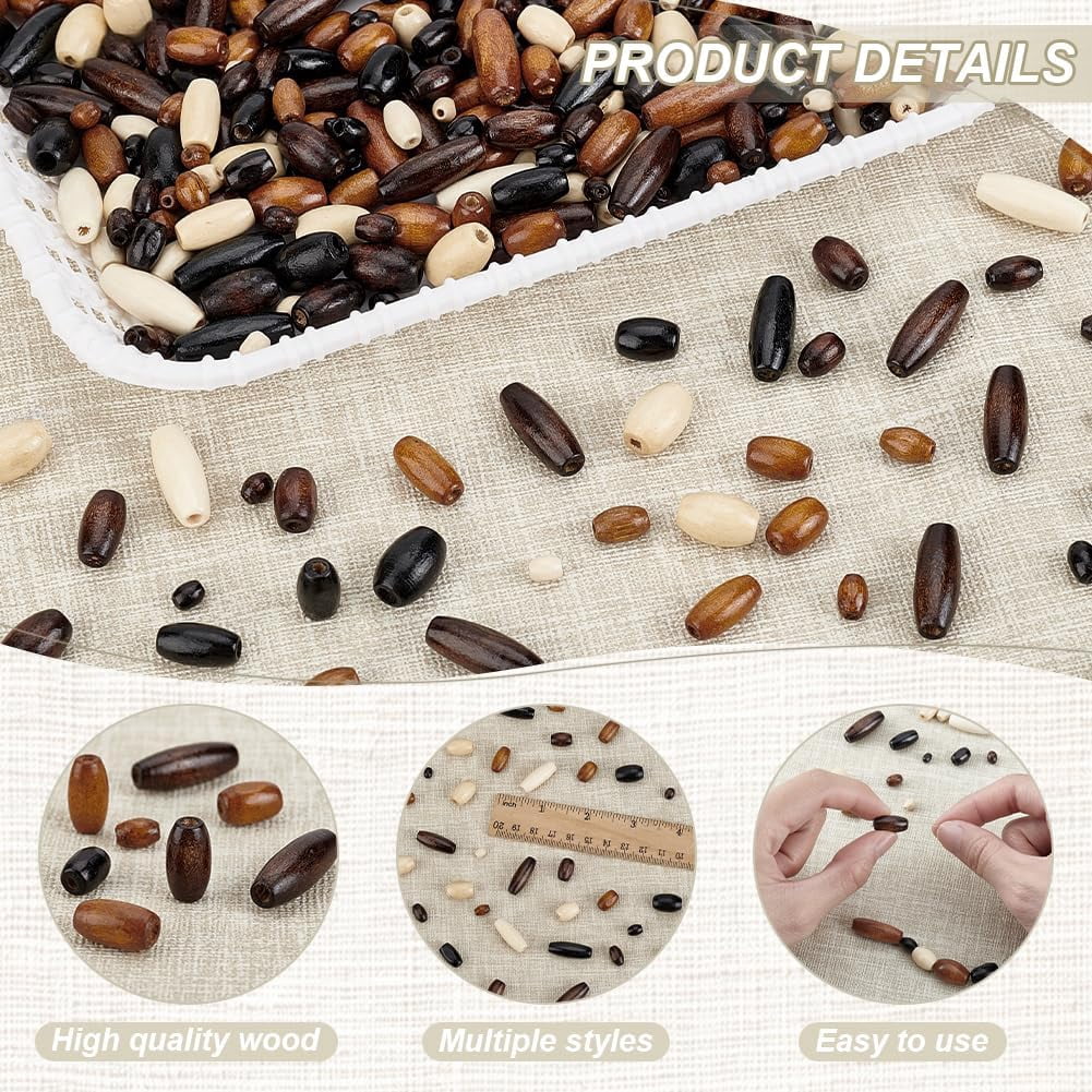 1400Pcs Natural Oval Wood Beads 7 Sizes 4 Colors Wooden Spacer Beads Tiny Oval Wooden Tube Beads Loose Beads