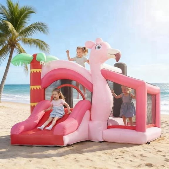 Inflatable Bounce House for Kids Ages 3-8, 4-in-1 Bouncy Castle with Slide, Ball Pit, Basketball Hoop and 370W Blower for Indoor Outdoor Backyard Play, Pink