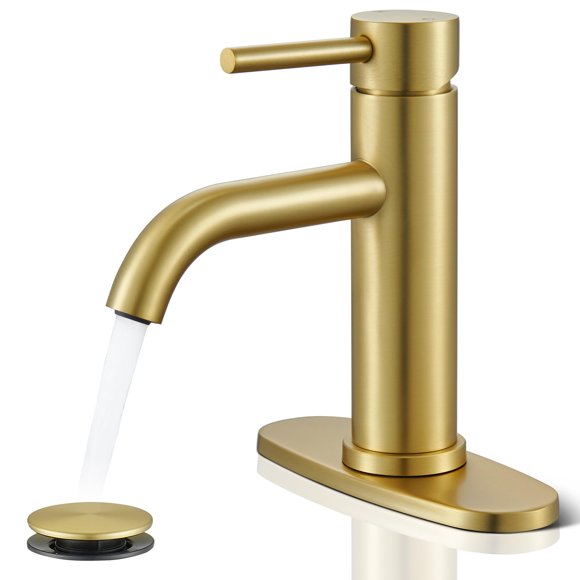Gold Bathroom Faucet, WINKEAR Single Hole Bathroom Faucet with Pop-up Drain and Flexible Hoses, Single Handle for Sink, Vanity, RV, Modern Farmhouse, Suit