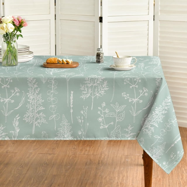 Spring Tablecloth 60×84 Inch Rectangular, Sage Green Floral Herbs Washable Table Cover for Party Picnic Dinner Decor