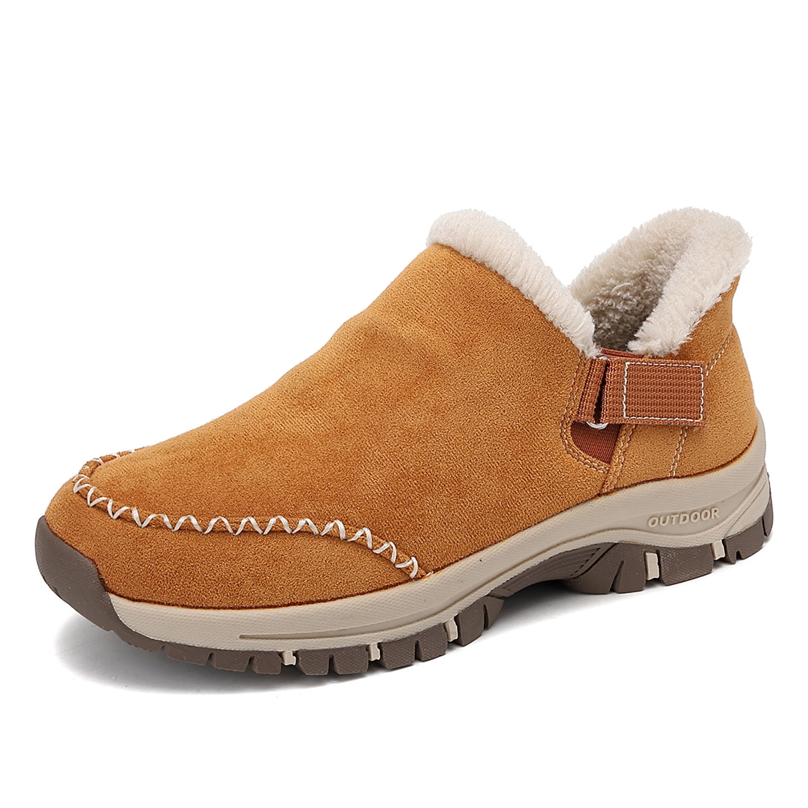 Dakaela Womens Winter Snow Boots Fleece Lined Hiking Slip on Loafers Sneakers Outdoor Plush Short Booties Shoes Brown 6.5