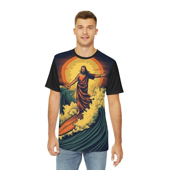 Surfing Jesus Through Waves And Sun Men's Polyester Tee (AOP)