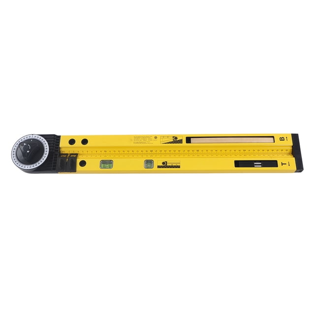 compás para carpintería, instrumento para medir ángulos, transportador, dispositivo para marcar y trazar, nivel inclinable amarillo y negro, vista frontal centrada con disco de ángulo 0–270° a la izquierda, regla marcada hasta aprox. 1000 mm (39.37 in), burbujas de nivel visibles y orificio para colgar; ABS y registro, adecuado para marcado industrial y trazado.