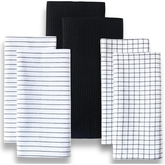 Highly Absorbent Cotton Kitchen Towels for Drying Dishes - Set of 6 Dish Towels - Narrow Black Stripes Plaid Waffle Dishtowels - 18"X28" Large Lint Free Linen Tea Hand Bulk T Towls