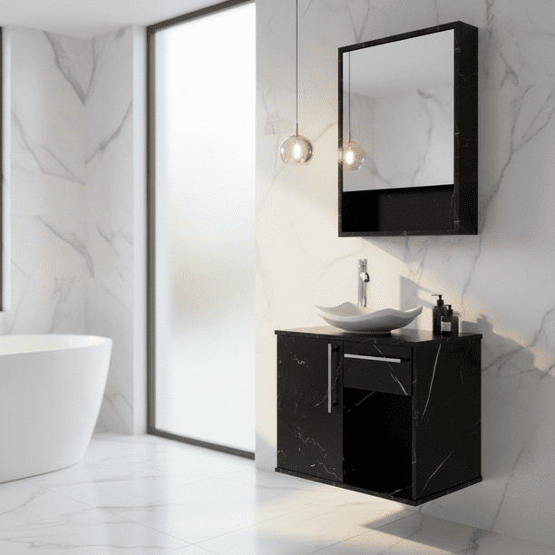 Mueble para Baño Completo con Lavamanos, Monomando y Botiquín con Espejo, Gabinete Moderno con Almacenamiento Amplio, Diseño Elegante y Funcional.