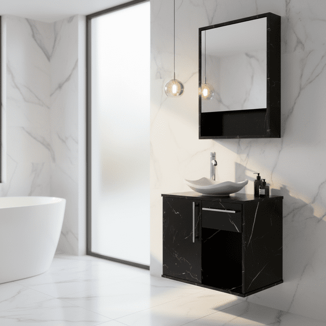 Mueble para Baño Completo con Lavamanos, Monomando y Botiquín con Espejo, Gabinete Moderno con Almacenamiento Amplio, Diseño Elegante y Funcional.