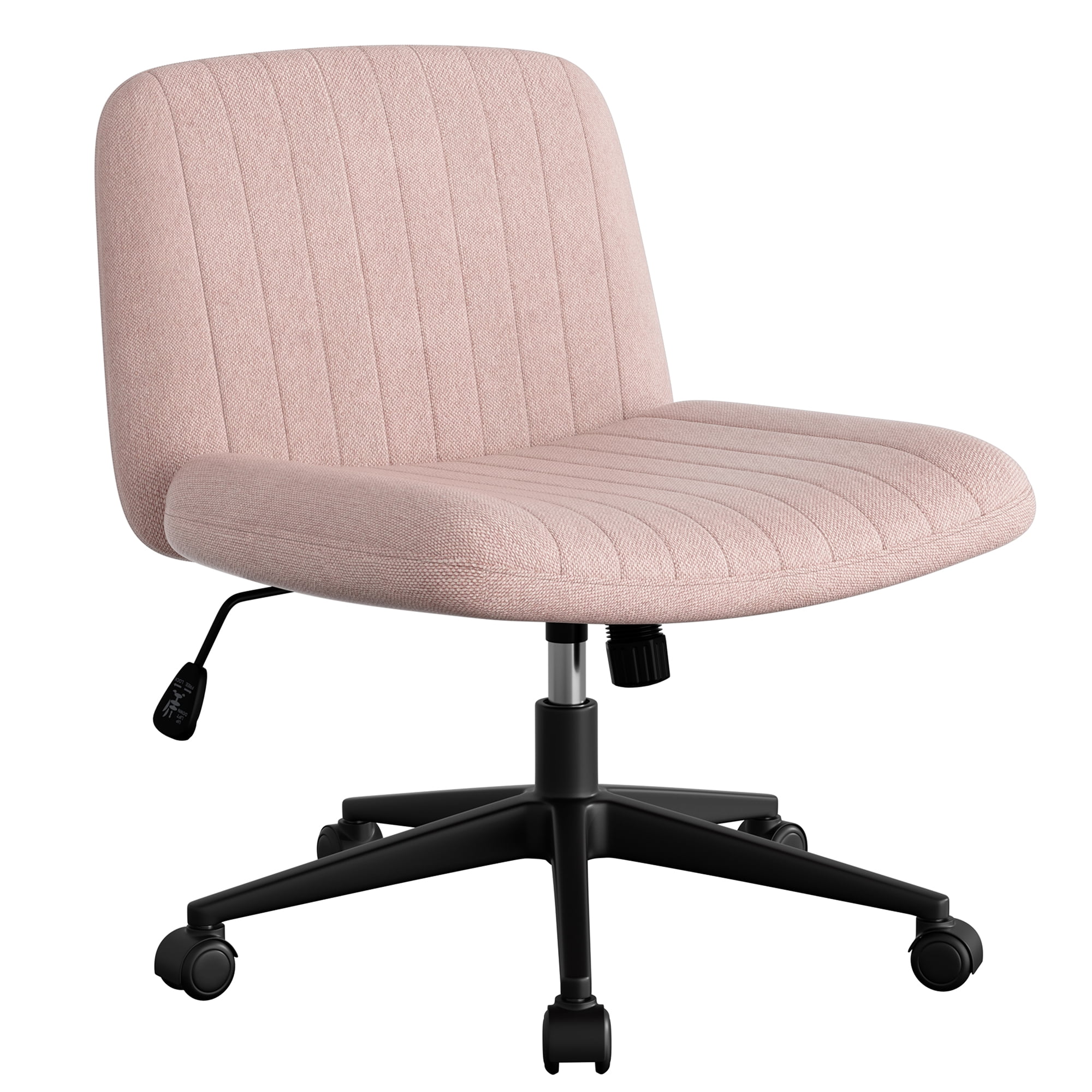 Walsunny Armless Criss Cross Home Office Chair, Fabric Vanity Desk Chair with Wheels, Wide Seat Swivel Task Computer Chair, Pink