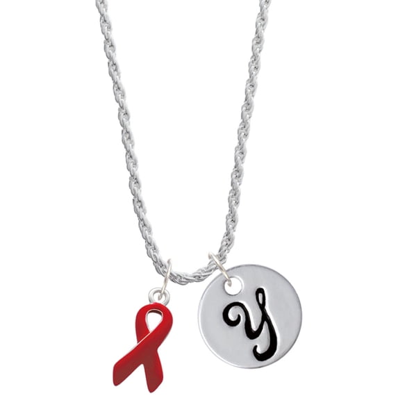 Delight Jewelry Silvertone Red Ribbon Silvertone Script Initial Disc - Y - Charm Necklace, 20"+3"