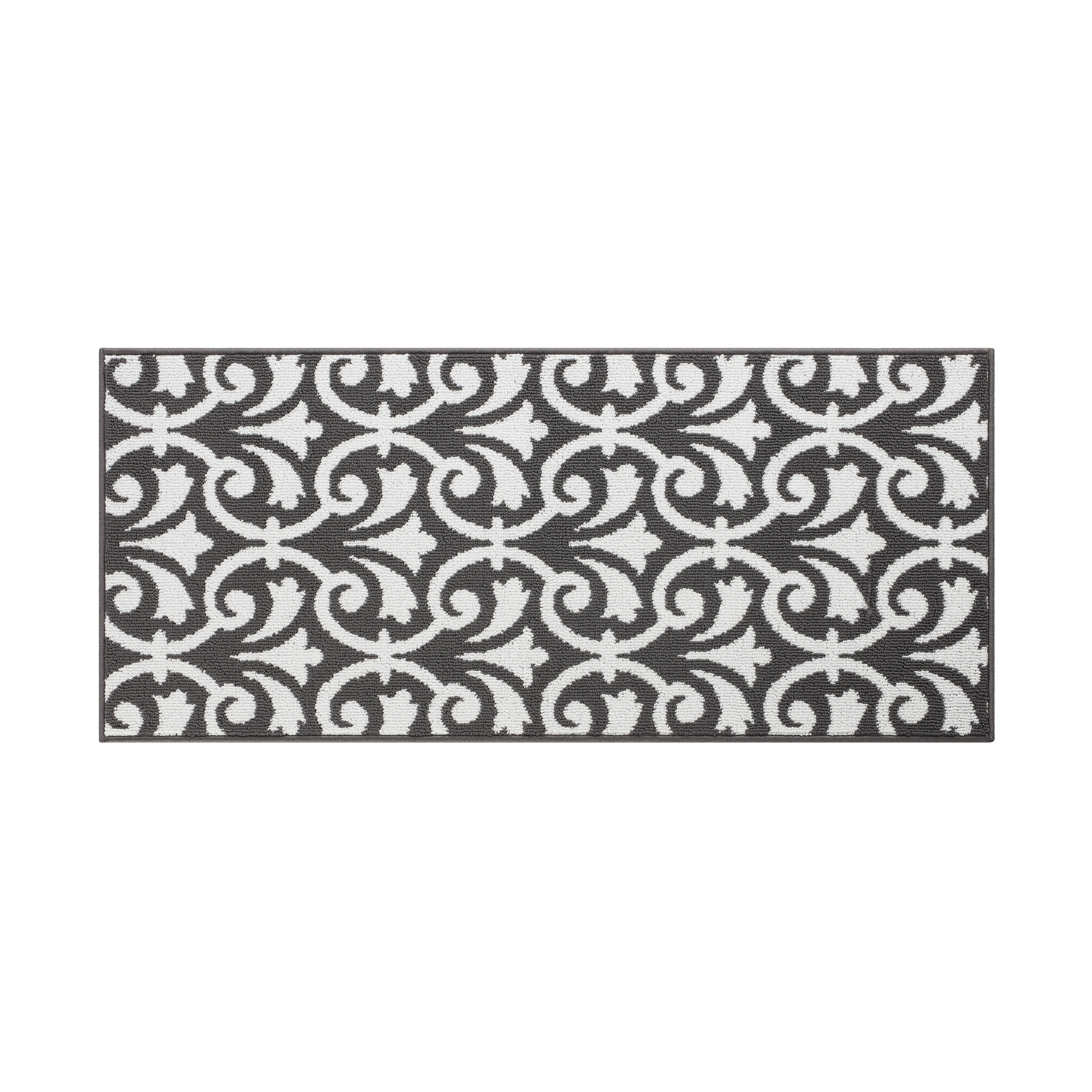Washable Non-Slip Accent Rug, Floral Scroll, Dark Grey and White, 26" x 45"