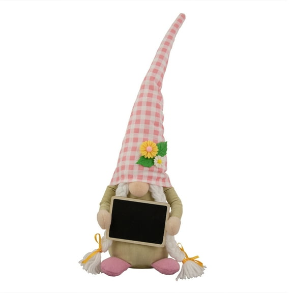 Northlight 16" Pink Gingham Plaid Springtime Gnome with Chalkboard