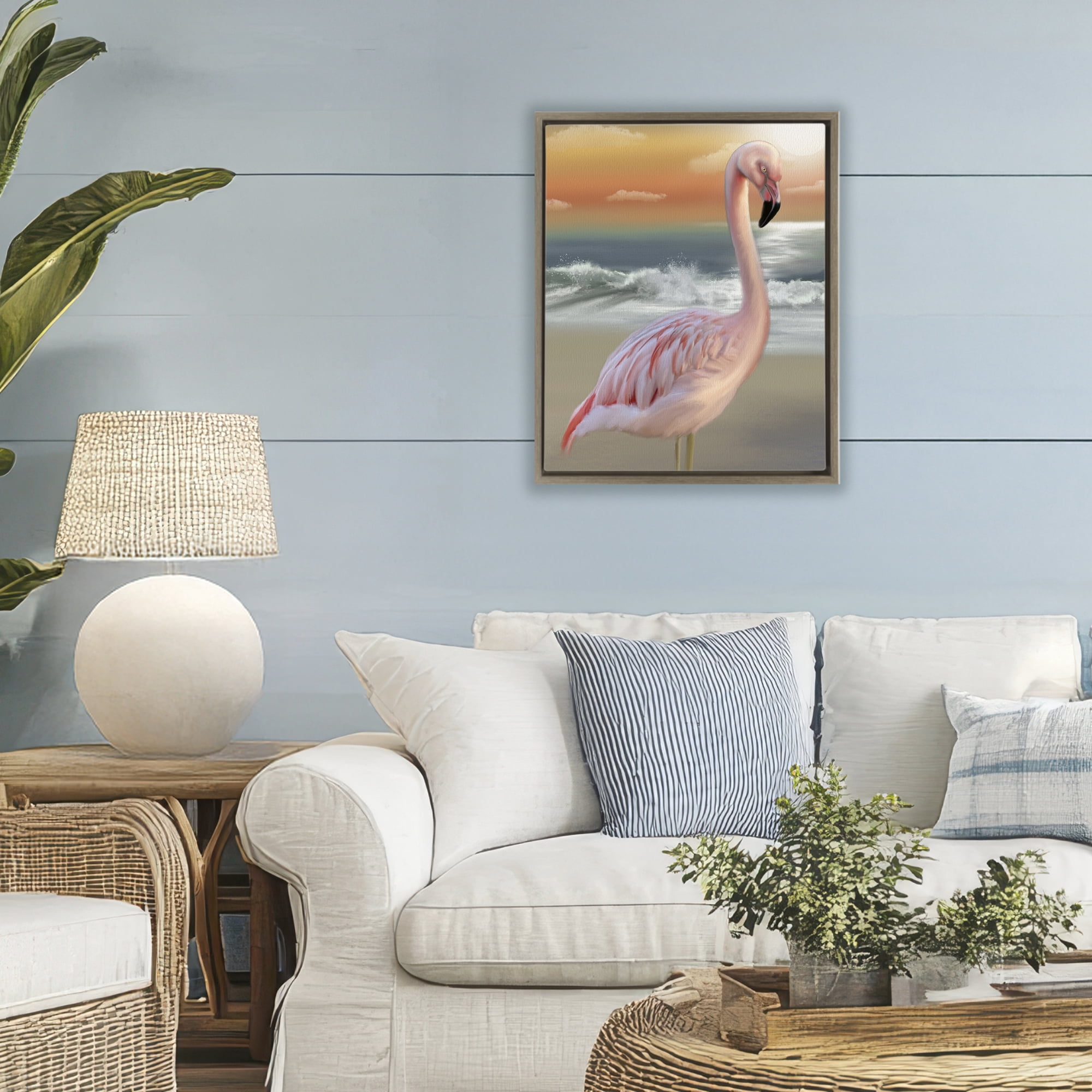 Stupell Industries Coastal Beach Flamingo Brown Framed Floater Canvas Wall Art, design by Matthew Piotrowicz