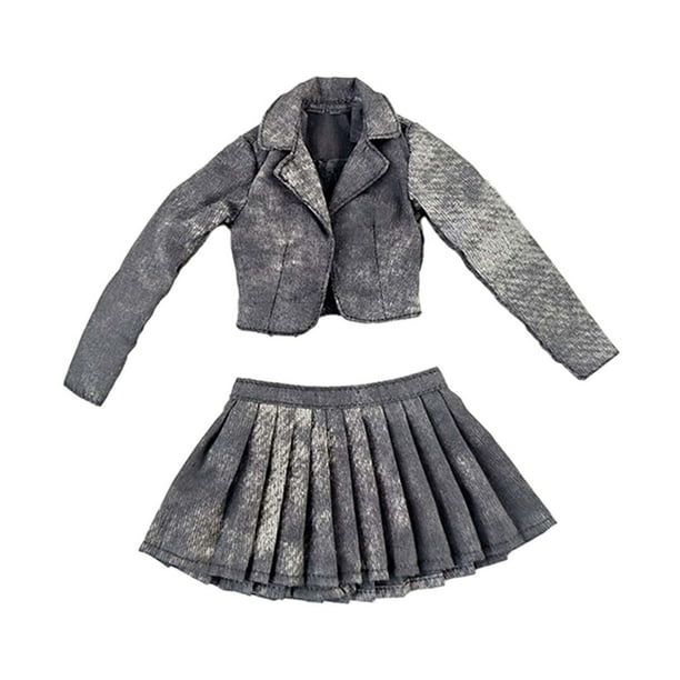 Conjunto de chaqueta corta y falda plisada a escala 1:6 para mujer, accesorios de vestir, elegantes y suaves Gris negro