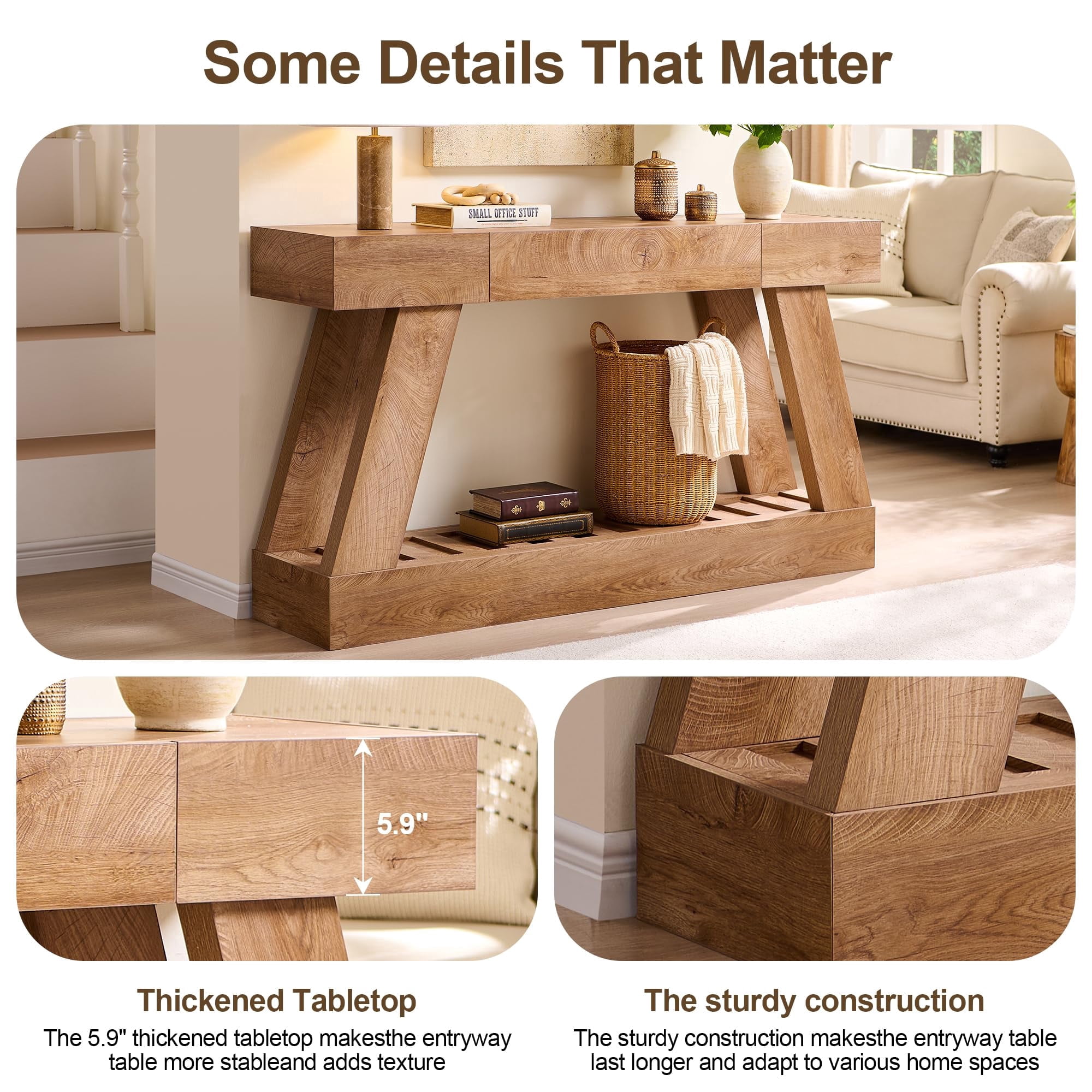 OKD 60" Wood Console Table, Farmhouse 2-Tier Sofa Table Entryway Table with Drawer & Heavy Duty Base for Entrance, Hallway, Living Room - Light Knotty Oak