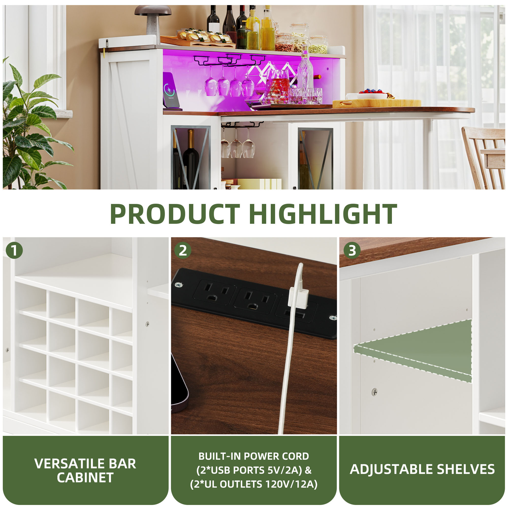 Uforic Wine Cabinet with Power Outlets & LED Lights, Bar Table with Wine Storage & Glass Rack, White