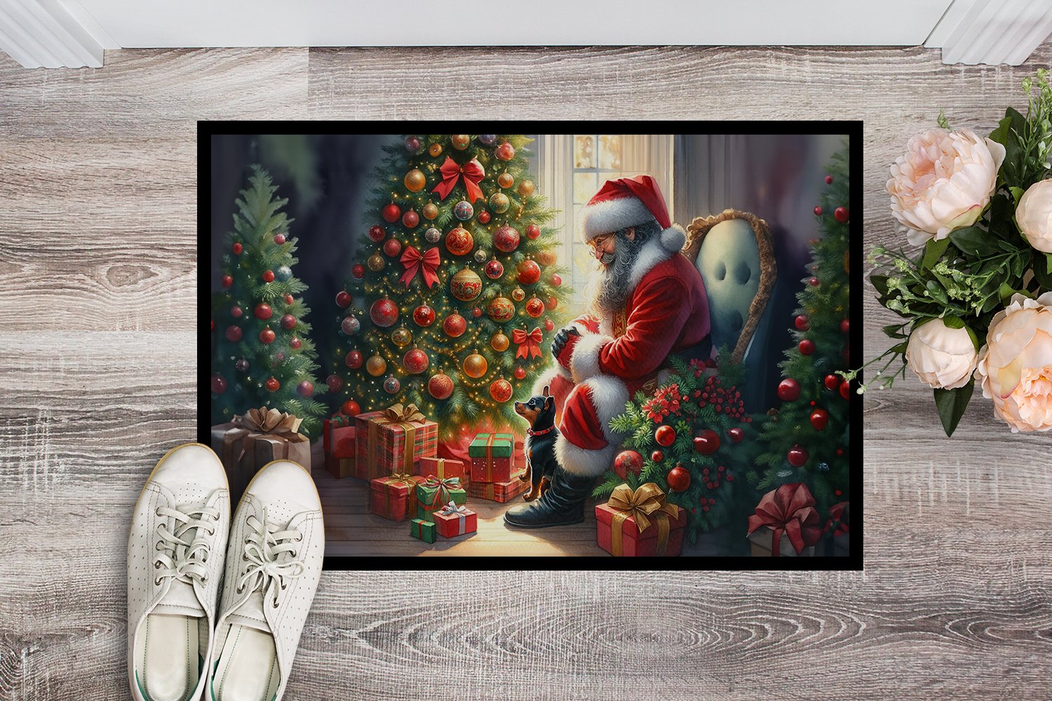 Caroline's Treasures DAC4142JMAT Miniature Pinscher and Santa Claus Doormat Front Door Mat Indoor Outdoor Rugs for Entryway, Non Slip Washable Low Pile, 24H X 36W