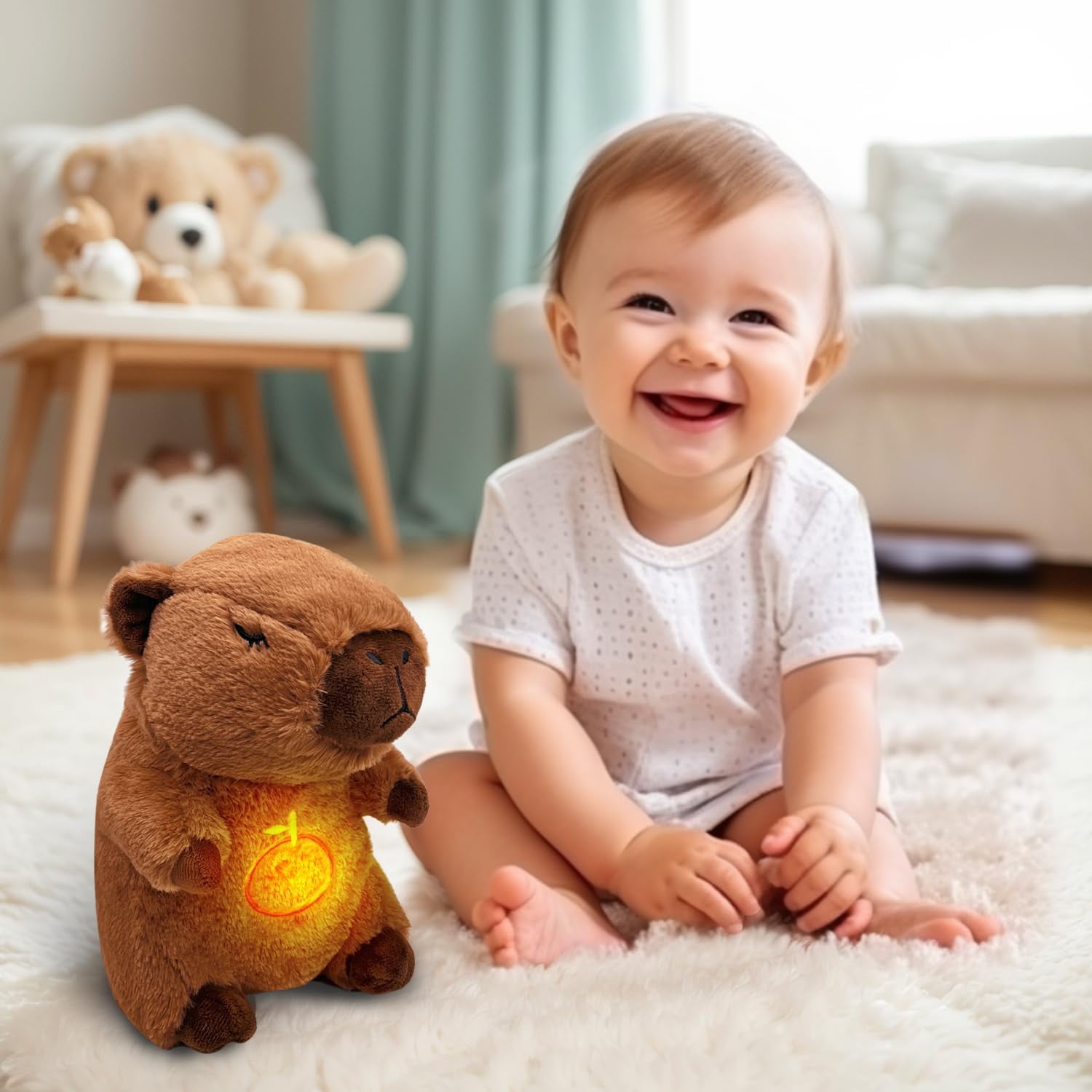 YSZZYSM Capybara Breathing Stuffed Animal, Anxiety Relief, Soothing Music Lights, Portable, Uses three AAA batteries (batteries to be provided by the user)