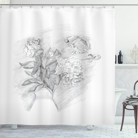 Charcoal Shower Curtain, Pencil Drawing Interpretation of Roses in a Vase Sketchy Romantic and Gloomy Art, Fabric Bathroom Set with Hooks, 69W X 70L Inches, Grey White, by Ambesonne