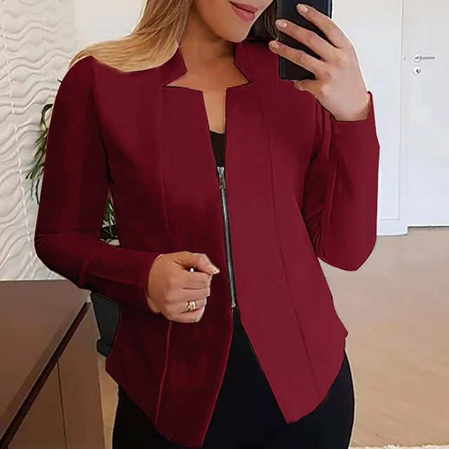 Simua Fashion Women's Open Front Cardigan Solid Color Long Sleeves Work Blazer Casual Zip Up Jacket