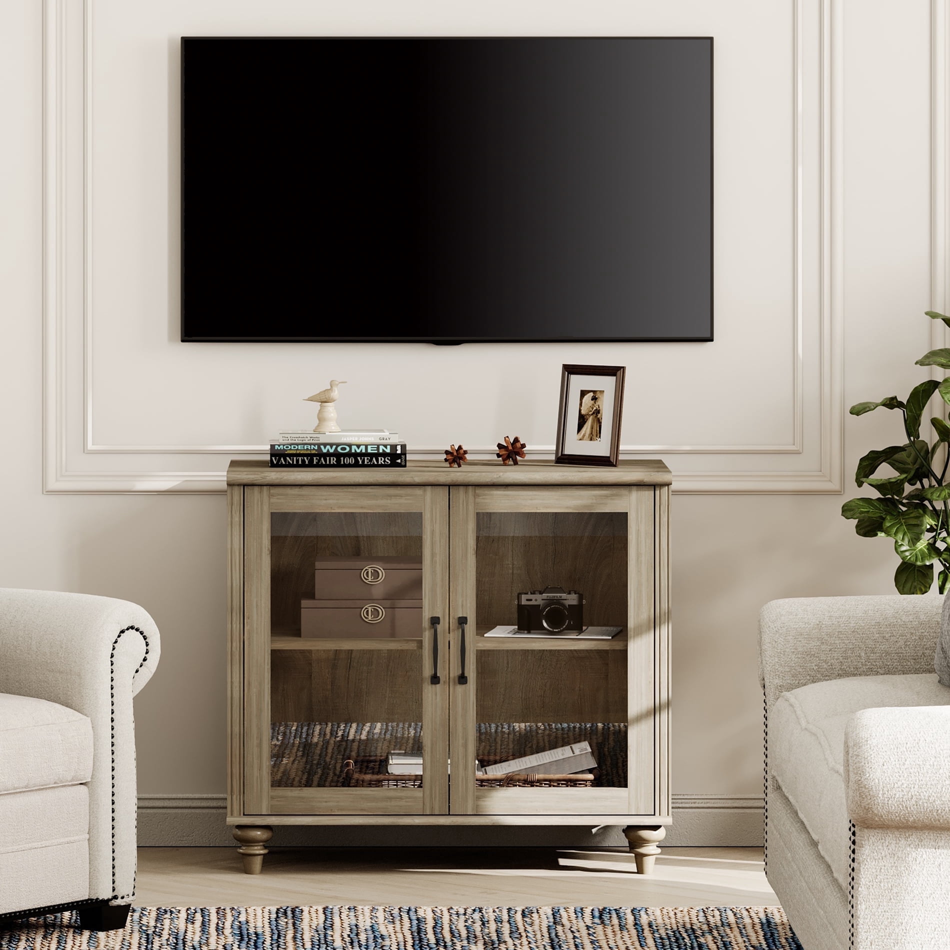 Farmhouse TV Stand for 43 Inch, Wood Entertainment Center Storage Cabinet for Living Room, Dining Room, Bedroom, Wash Grey