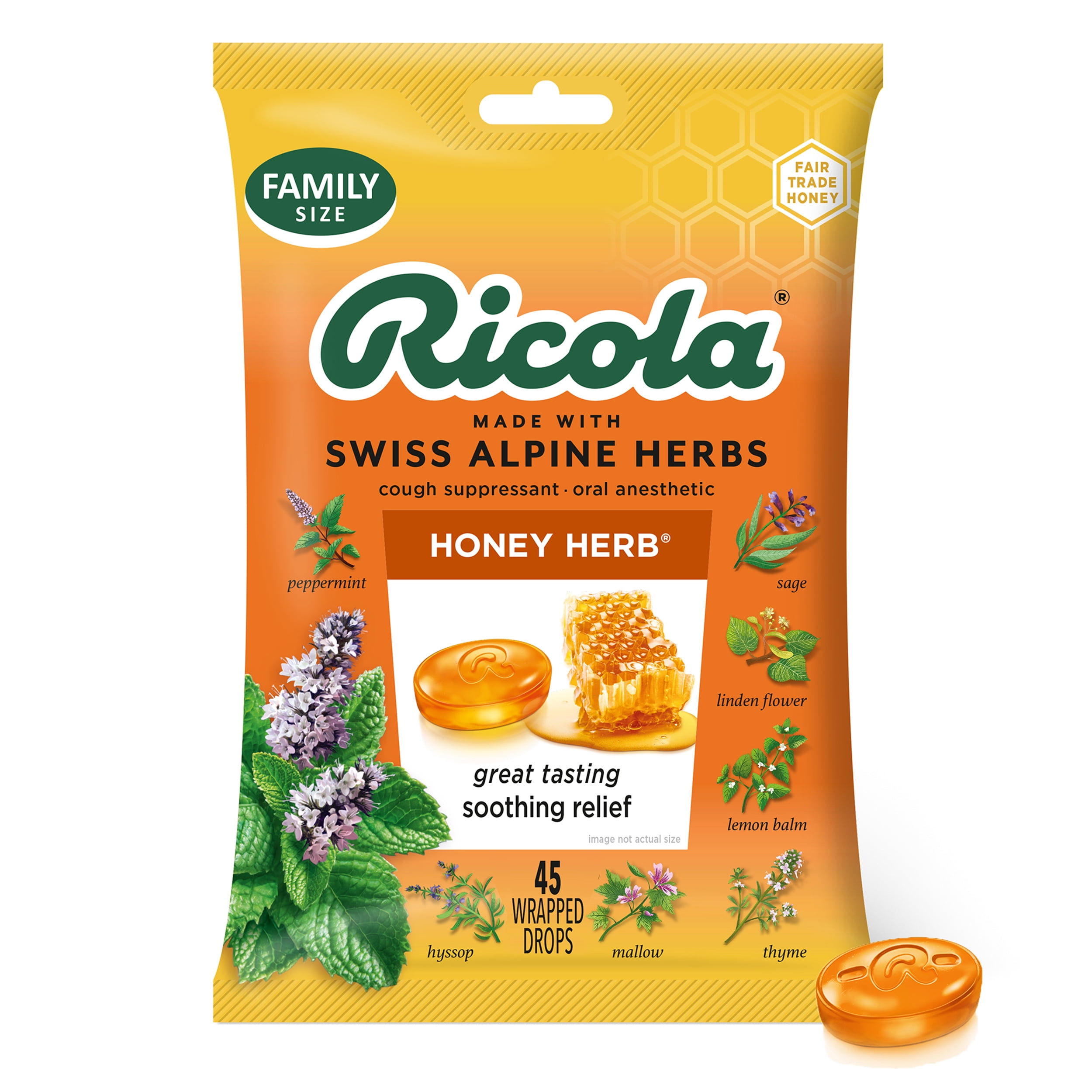 Ricola Cough Drops, Soothing Relief for Dry, Sore Throat, Honey Herb, 45 Count