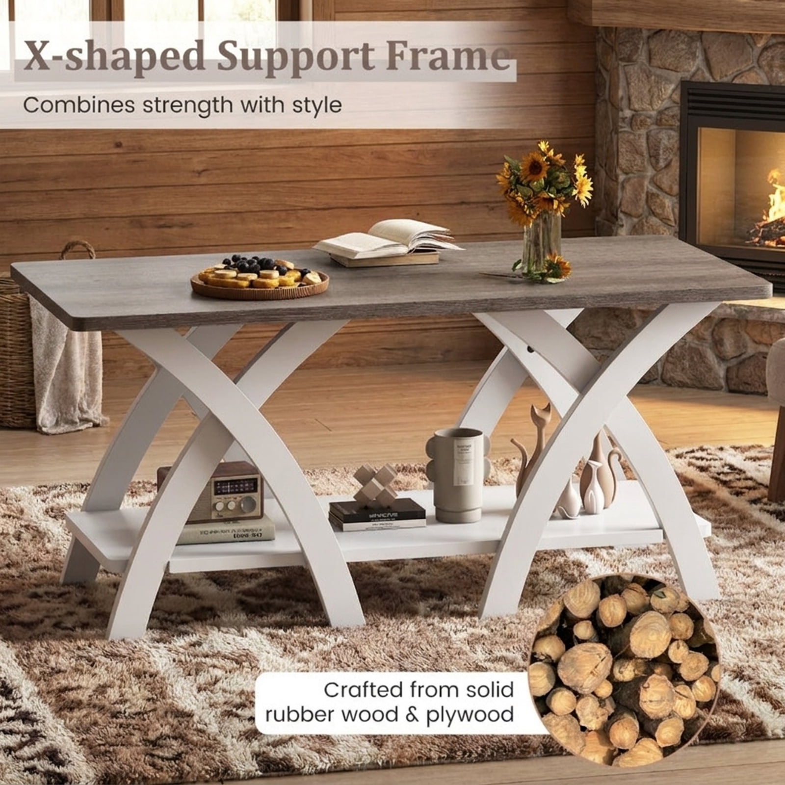 Furnibear 40 Inch Farmhouse Wooden Coffee Table with Storage Shelf with X-shaped Legs - Gray - Living Room Cocktail Center Table