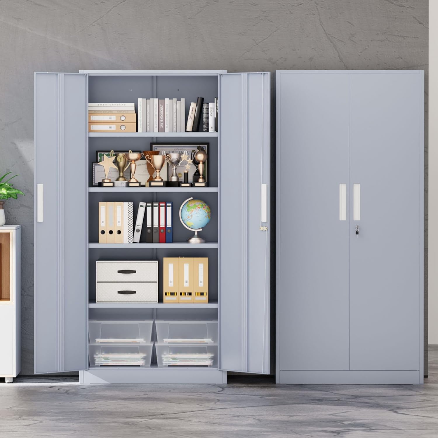 SOLAURA Metal Storage Office Cabinets with Locking Doors and Adjustable Shelves, 71 inch Tall Steel Storage Cabinet for Office, Home (Cement Gray)