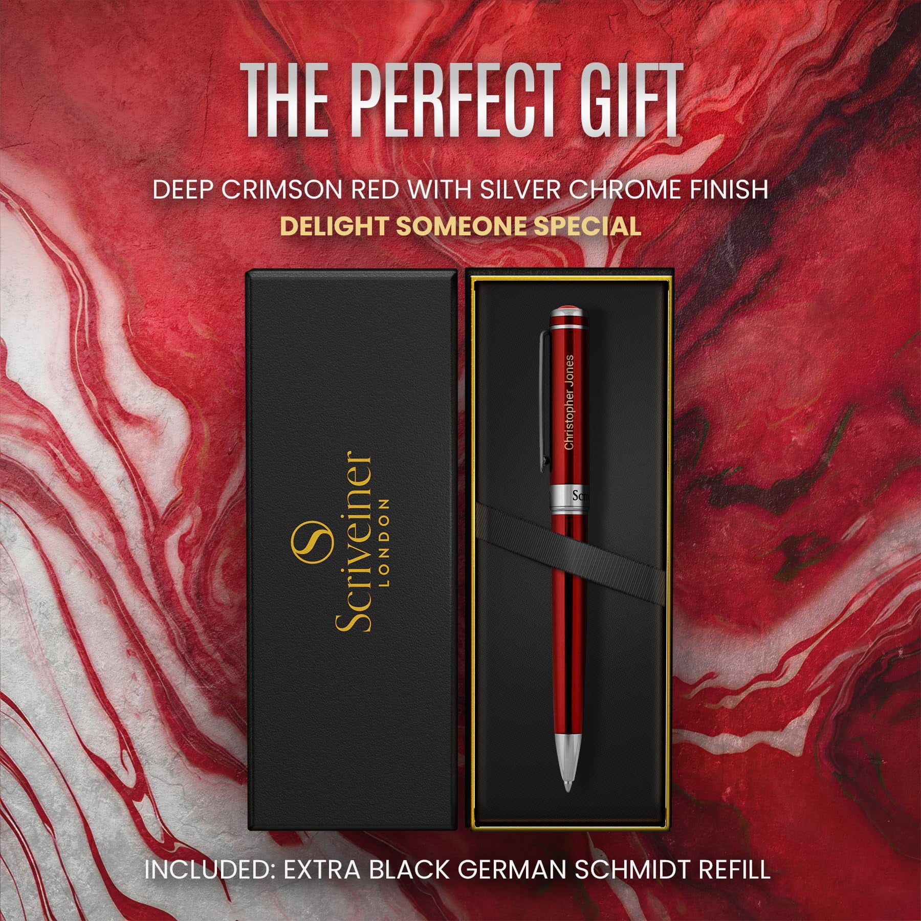 Personalized Deep Crimson Red Ballpoint Pen - Stunning Lacquer Luxury With Chrome Finish  Schmidt Ink Refill Engraved Ball Point Gift Set For Men & Women Custom Engraving