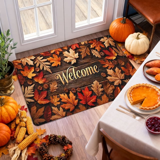 Fall Pumpkin Maple Leaves Floor Mat Halloween Thanksgiving Decorative Floor Mat Bathroom Kitchen Mat Porch Carpet Long Strip Foot Mat Entrance Mat