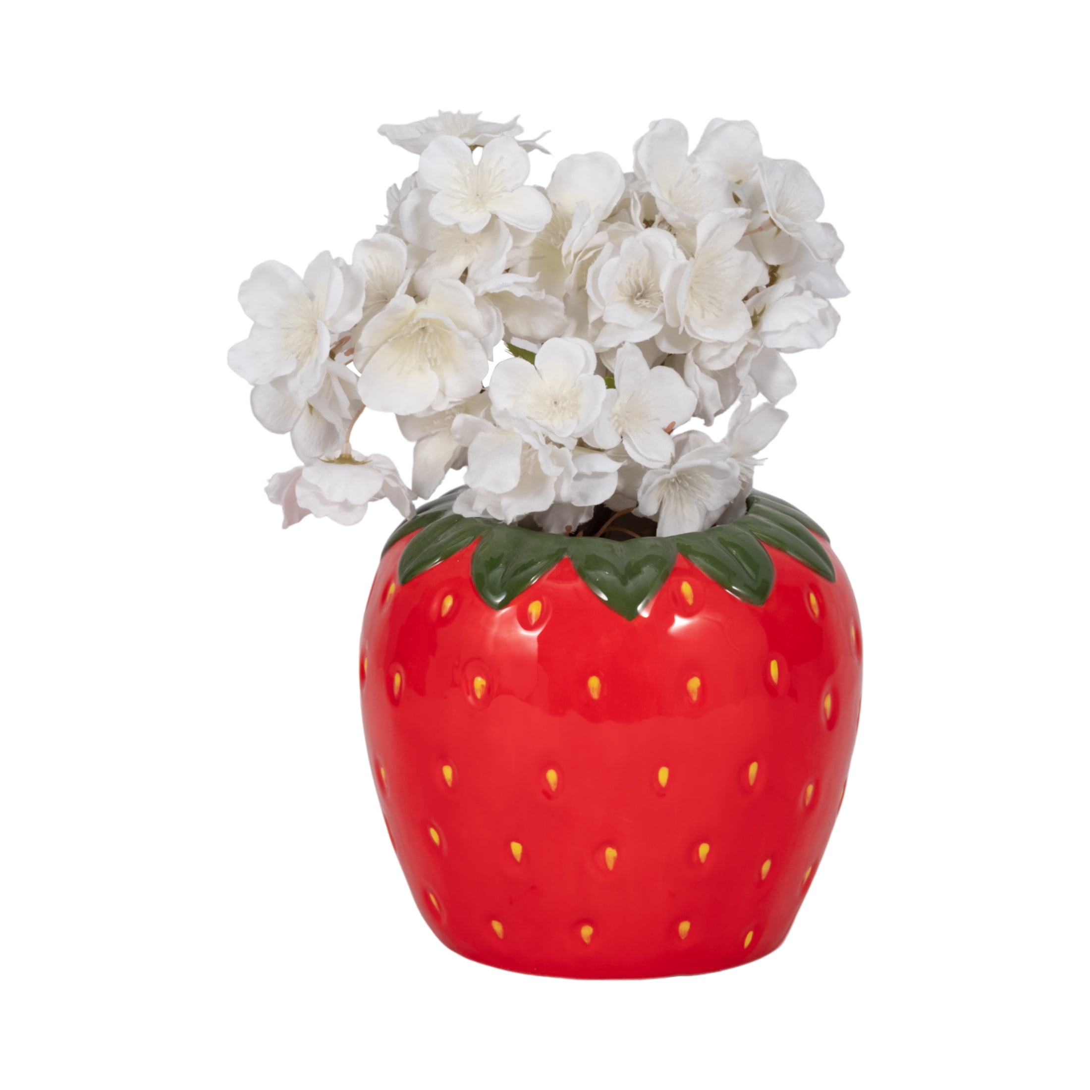 Strawberry-Shaped Flower Pot for Home Decor - Decorative Ceramic Planter for Outdoor, Indoor Plants, and Garden Display - Stoneware Planter for Patio, Entryway, Shelf, and Balcony - 6", Red & Green
