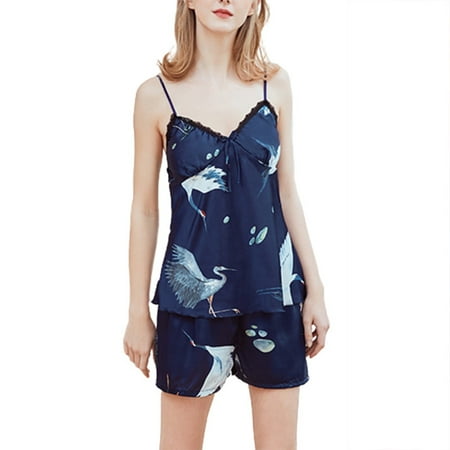 

Women s Silks Satin Pajamas Short 2-Piece Pajamas with Straps V-Neck Sleep Shirt & Shorts Sweet Floral Home Comfort Suit New