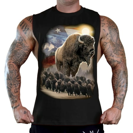 Black Reversible Sleeveless Shirt - Men's American Bison Herd Sleeveless Black T-Shirt Gym Tank Top Small Black