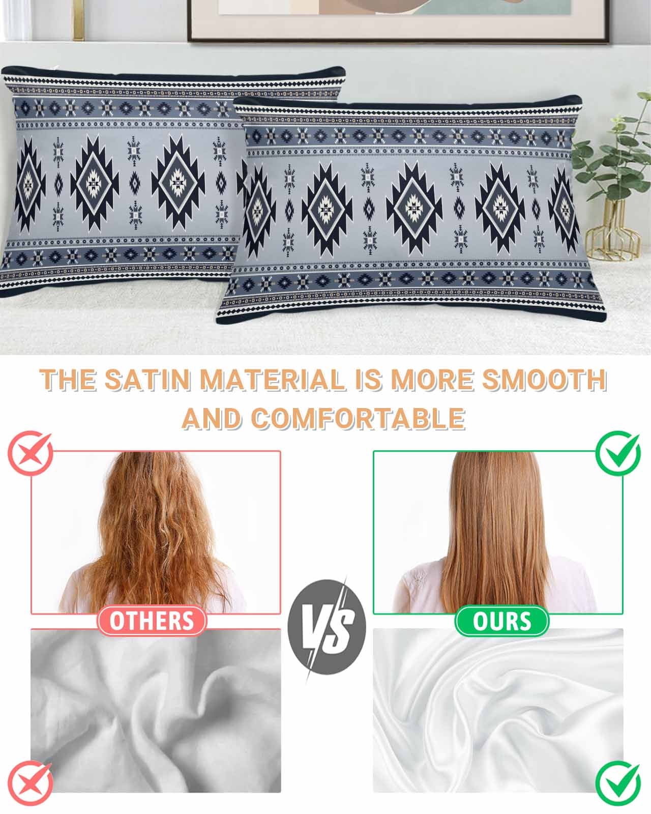 Blue Aztec Pillow Cases King Size Set of 2, Smooth Satin Pillowcase for Hair and Skin, Boho Southwest Farmhouse Ethnic Motifs Decorative Cooling Bed Pillow Covers with Zipper, 20x36 Inches