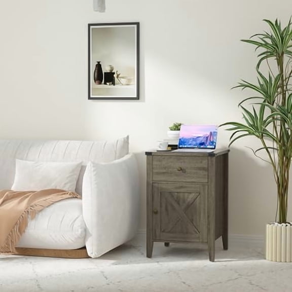 Barnwood Rustic Farmhouse Nightstand with Charging Station, Side Table with Barn Door and Drawers, Weathered Oak Style End Table for Living Room Bedroom, Grey Wash Oak, 2 Pack