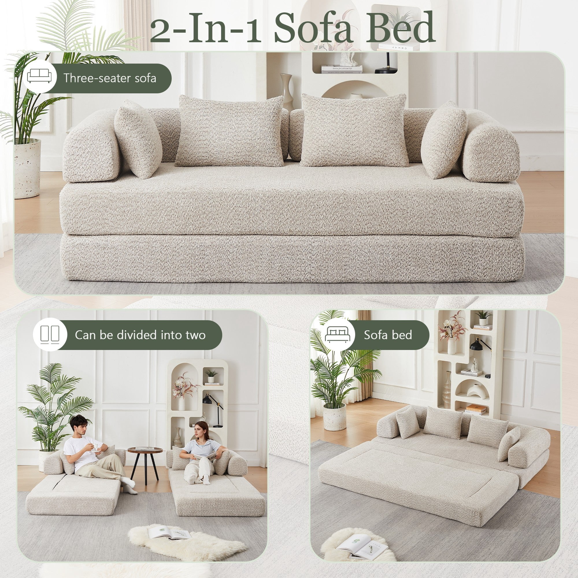 Sailvan 78.9" Convertible Sleeper Sofa, Modular Chenille Folding Mattress Sofa Bed with 4 Pillows, No Assembly Floor Lounge for Living Room khaki