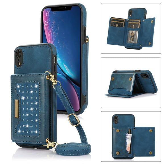 Case for iPhone XR,Crossbody Strap Wallet Credit Card Holder Premium PU Leather Bling for Women,Magnetic Diamond Back Flip Cover with Lanyard For iPhone XR, Blue