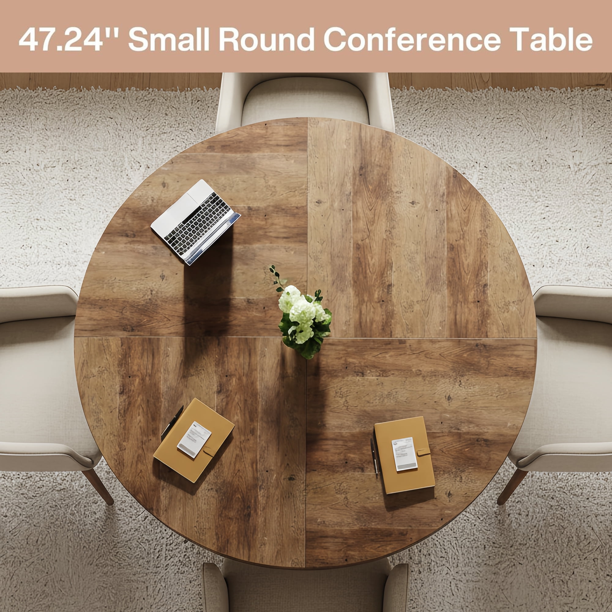 47-Inch Round Conference Table, 4-6 Person Space-Saving Meeting Table with Sturdy E1-Grade MDF Top & Metal Base, Perfect for Small Office, Conference Room, Brown + Black