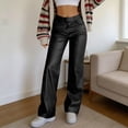 thumbnail image 2 of XAOFW Women's Casual Pants Solid Color Elastic Waist Shiny Leather Trousers Wide Leg Pant With Pockets Party Night Baggy Comfortable Trouser, 2 of 7